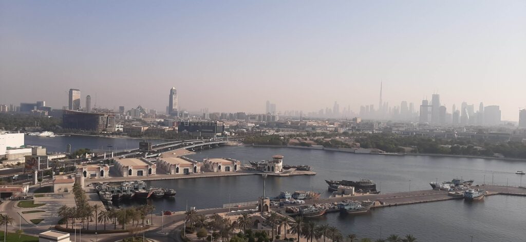 travel to dubai. a view from Deira across the creek towards Downtown Dubai