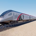 An Etihad Rail passenger train on the UAE network near the Etihad Rail Al Yalayis corridor.