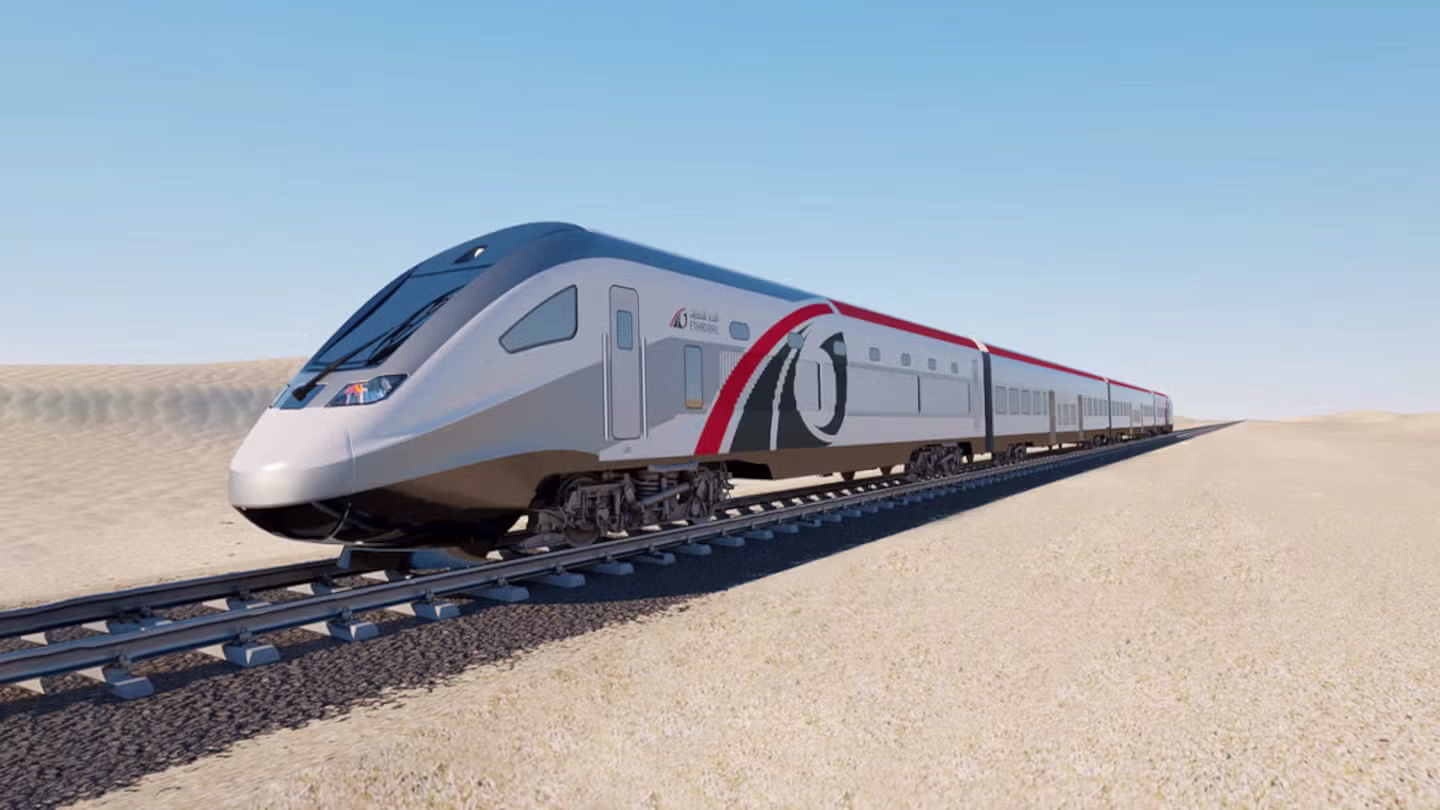 An Etihad Rail passenger train on the UAE network.