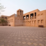 Sand-coloured courtyard and wind towers in Al Fahidi Historical Neighbourhood, Bur Dubai