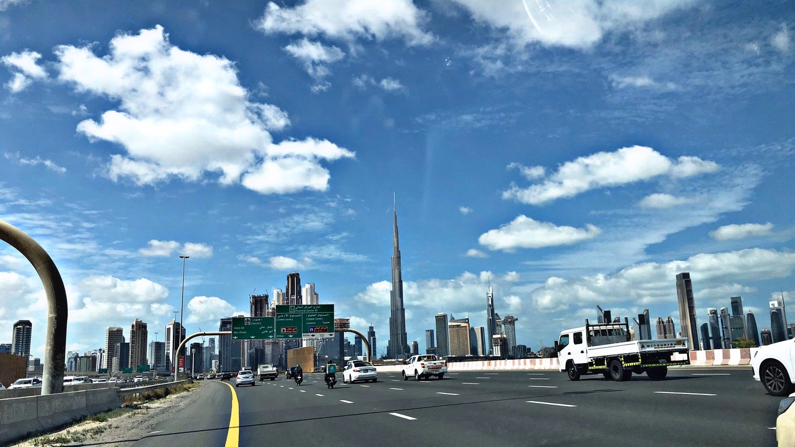 A morning drive on Al Khail Road in Dubai with the Burj Khalifa skyline ahead, where Latifa bint Hamdan Street’s new 70 km/h section ends