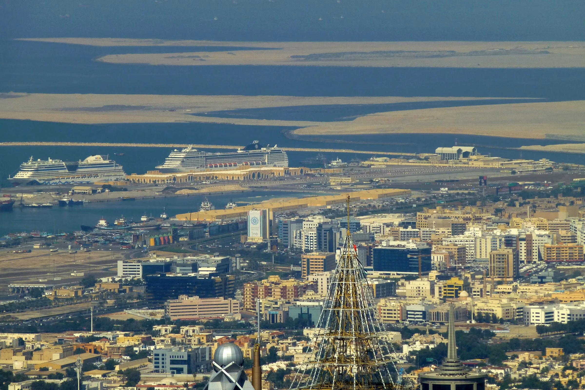 Port Rashid and the Deira Islands seen from Burj Khalifa, the harbour area next to Dubai Maritime City
