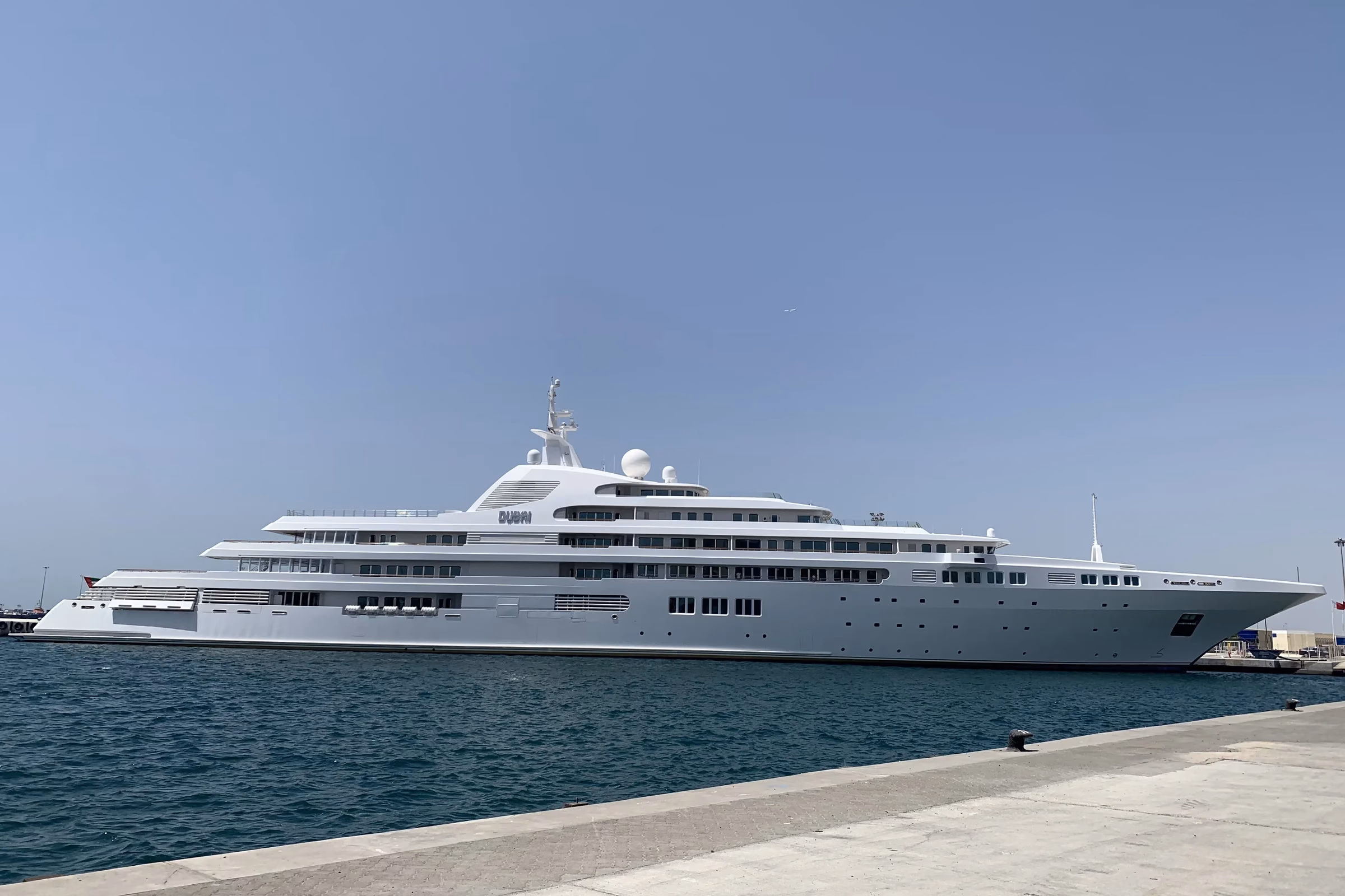 A large white superyacht moored at Port Rashid, the marina neighbour of Dubai Maritime City