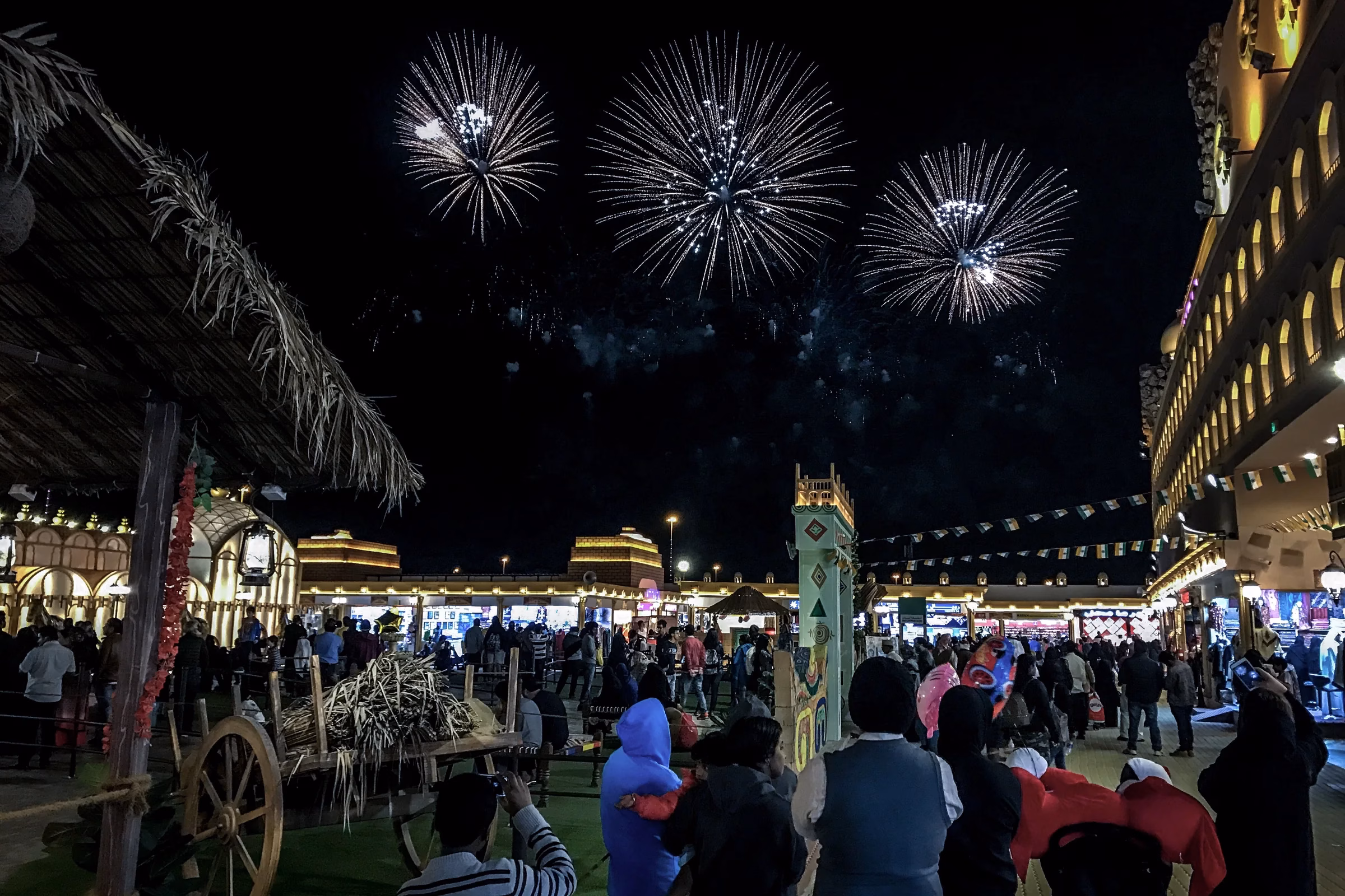Fireworks bursting above crowds at Global Village Dubai, the kind of night-sky spectacle that tops a Global Village opening night