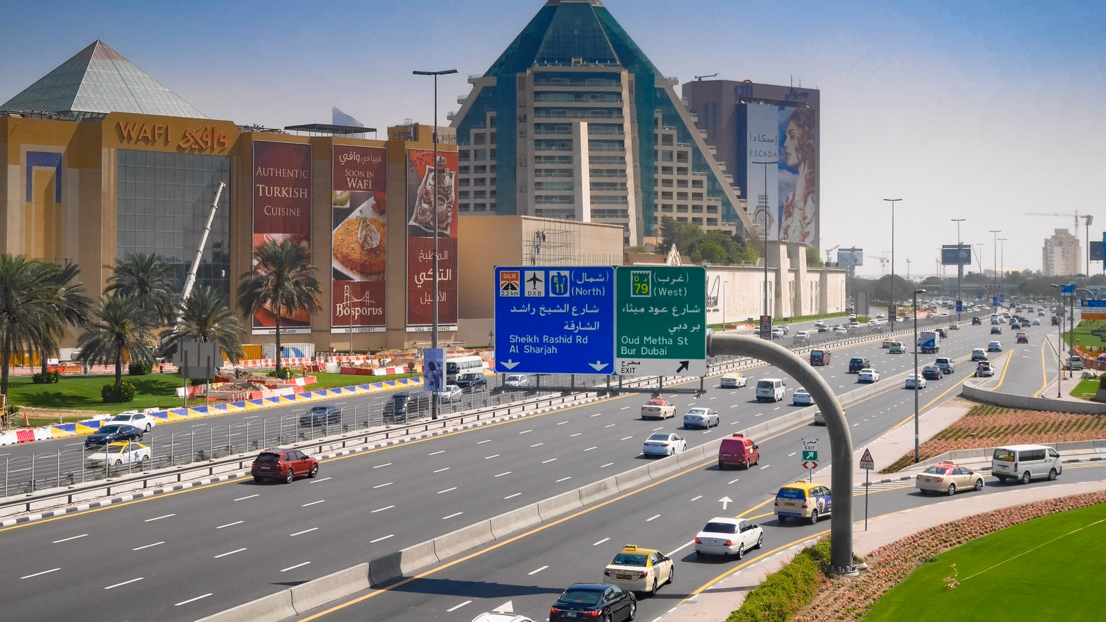Multi-lane Oud Metha Road beside Wafi in Dubai, near Al Asayel Street, where the new Dubai speed limits raise the limit from 60 to 80 km/h