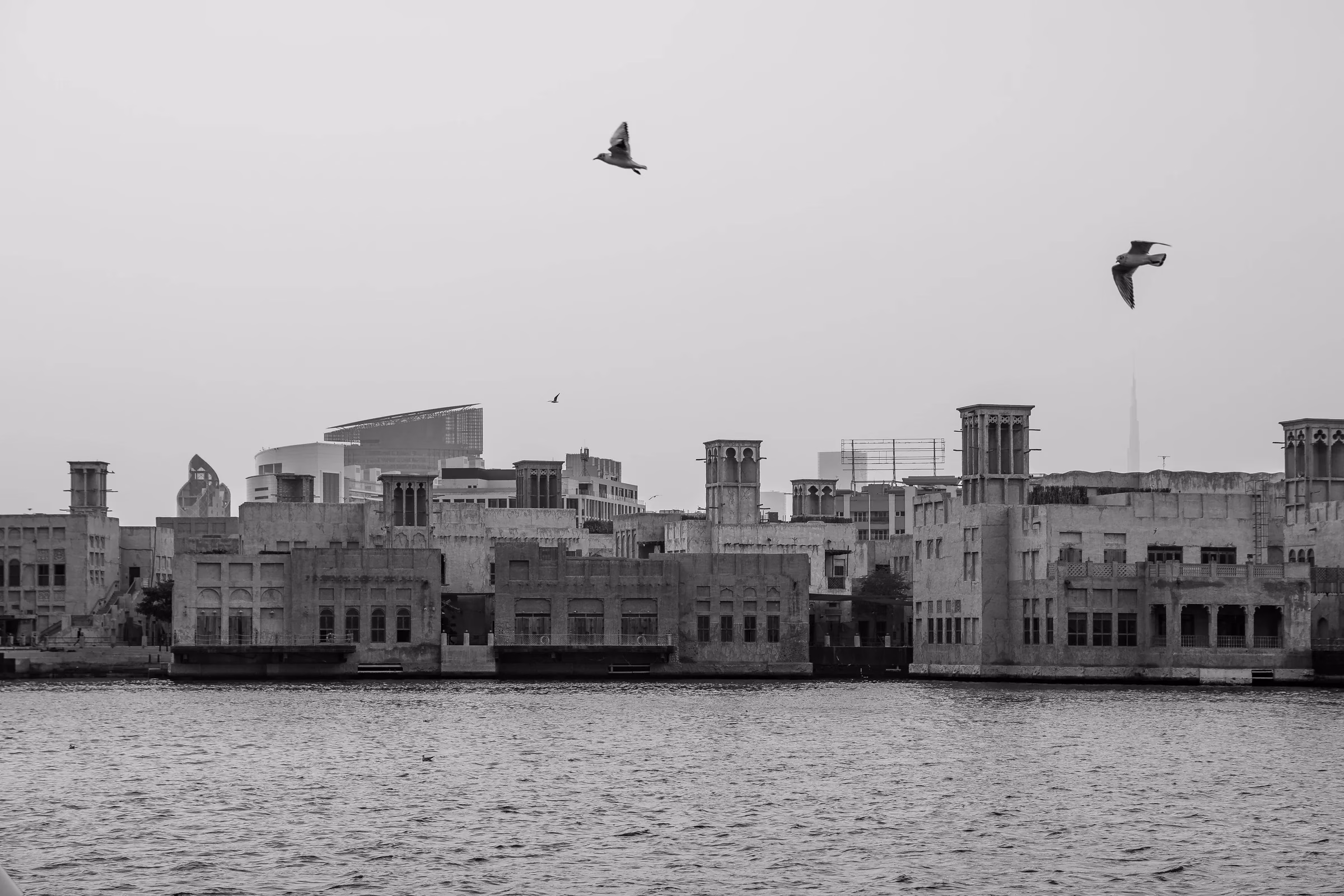 Traditional wind-tower houses along Dubai Creek on the Sheikh Rashid heritage trail near Al Shindagha