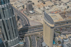 Aerial view of Downtown Dubai roads beside Burj Khalifa and Dubai Mall, the end of the planned Dubai Loop tunnel route from DIFC