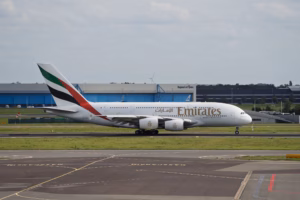 Emirates Airbus A380 taxiing to the runway as airlines resume Dubai flights November 2026