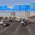 Traffic on Sheikh Zayed Road approaching Exit 47 for Al Meydan Street, a junction close to two roads affected by the new Dubai speed limits from 1 November 2026