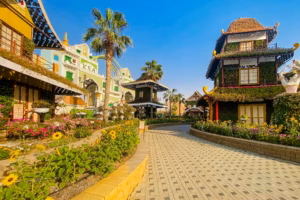 Colourful pavilions and flower-lined walkway at Global Village, a highlight of our Dubai October 2026 guide